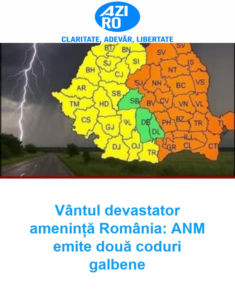 Vântul devastator amenință România: ANM emite două coduri galbene